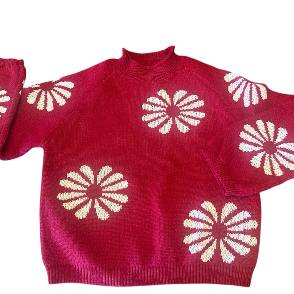 Daisy Patterned Red Knit Mock Sweater Pullover Size L NWOT